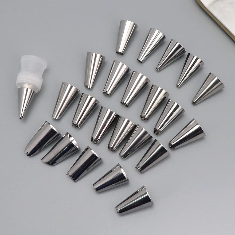 Spritztüllen-Set – 23 Stück Edelstahl Kuchen Dekorieren Düsen mit Adapter und Spritzbeutel – Wiederverwendbare Backwerkzeuge für Kuchendekoration