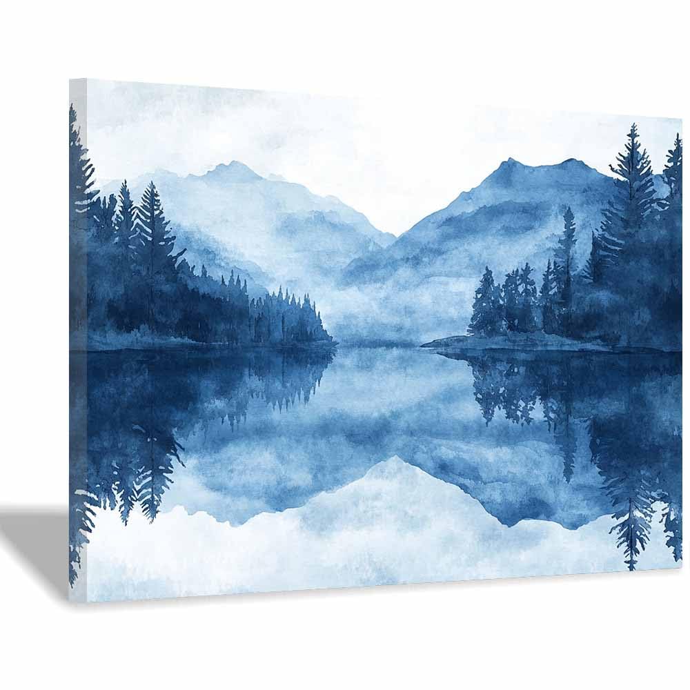 QUSAAOU Bilder Wohnzimmer Modern Blaues Aquarell Bergsee Moderne FüR Das Wohnzimmer Auf Leinwand Wandbilder Affiches Murales Pour La Maison(Blau)-30x45cm Gerahmt