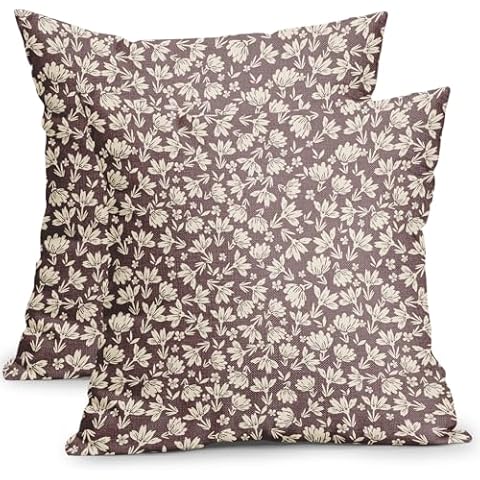 Kawani Light Brown and Cream Floral Pillow Covers 18x18 Inch Set of 2 Vintage Flower Outdoor Decorative Throw Pillows Small Floral Block Print Rustic Farmhouse Pillowcases for Couch Decor Cover