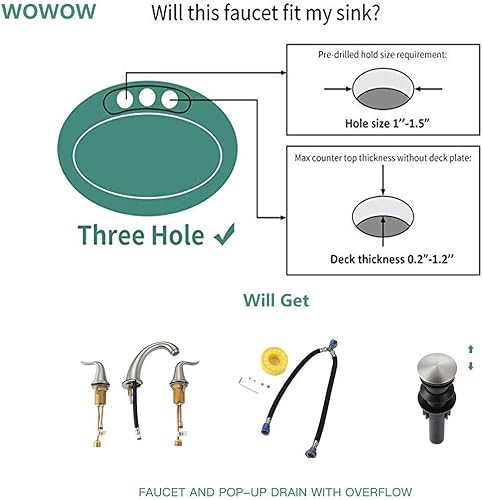 Miniatura 7 de WOWOW Grifo de baño generalizado de 2 manijas, 3 agujeros, latón macizo, acero inoxidable, lavabo, lavabo de baño, grifos de fregadero de níquel