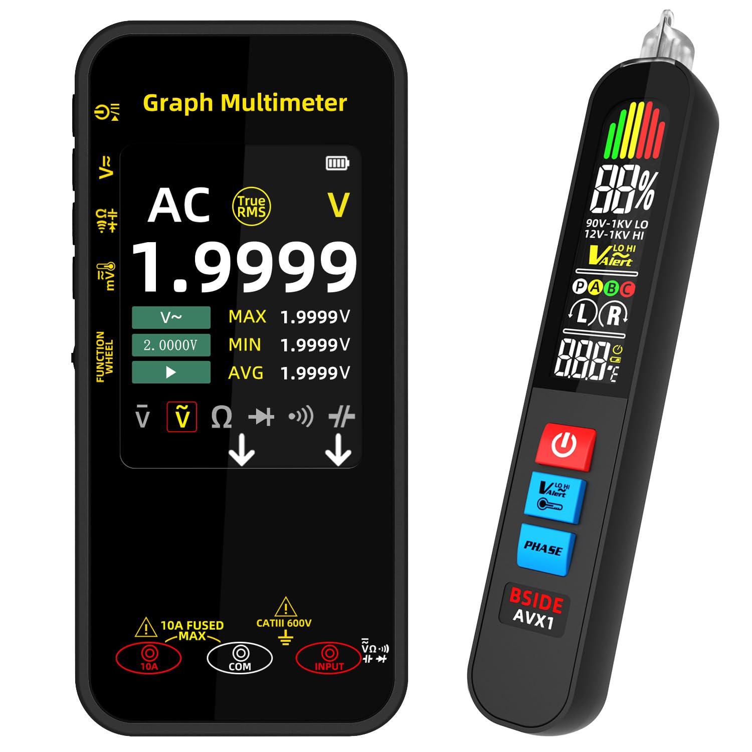 BSIDE Kit Multimetro Digitale Rilevatore di Tensione, S500 Multimetro Grafico 20000 Contatori & AVX1 Penna Cercafase, Tester Elettricista di Corrente Tensione Millivolt Capacità Diodo Temperatura