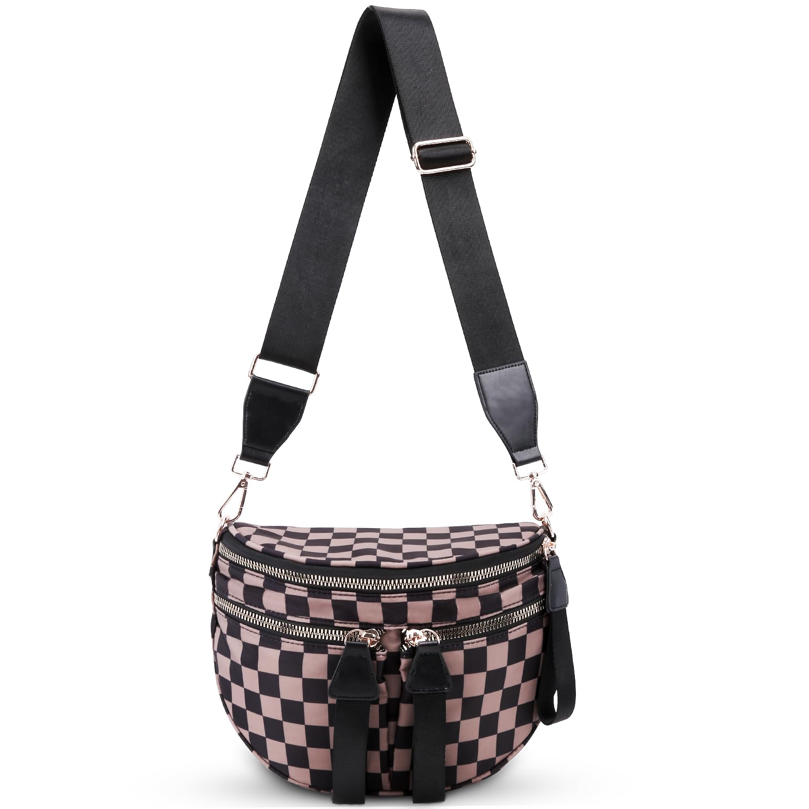 hibear Checkered Crossbody Bag Spacious Bum Bags for Women Nylon Crossbody Fanny Packs Checkered Purse Belt Wallet (W-Mocha)