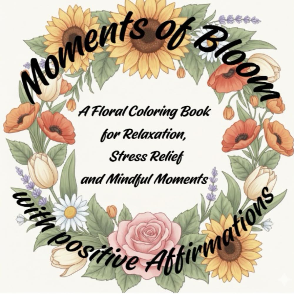Moments of Bloom: A Floral Coloring Book for Relaxation, Stress Relief, and Mindful Moments with positive Affirmations