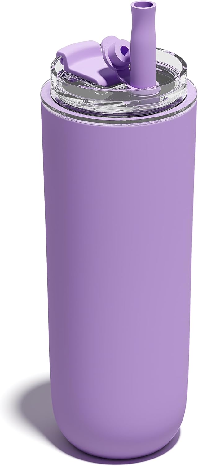 16 oz Insulated Coffee Tumblers, Travel Coffee Tumblers with Straw, Double-Wall Stainless Steel Tumbler, Leak Proof Tumbler, Reusable Cups with Lids for lced and Hot Drinks (Purple)