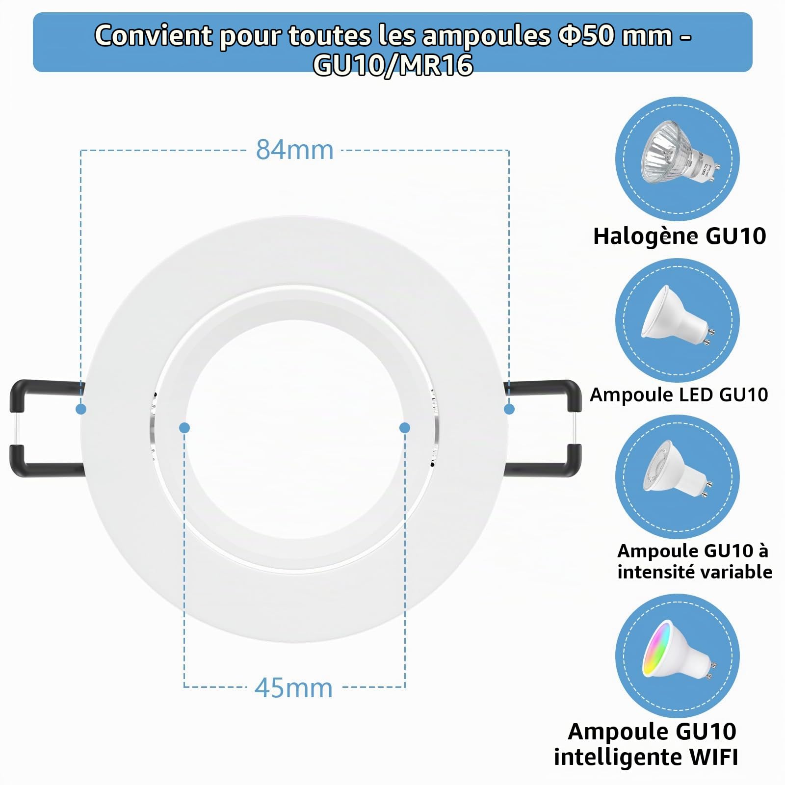12x Spot Encastrable GU10 Aluminium, Orientables Blanc Support Spot Encastrable Cadre De Montage Avec Douille GU10, Rond Spot de Plafond 68mm extra plat Pour LED, Trou de montage ø60-75mm