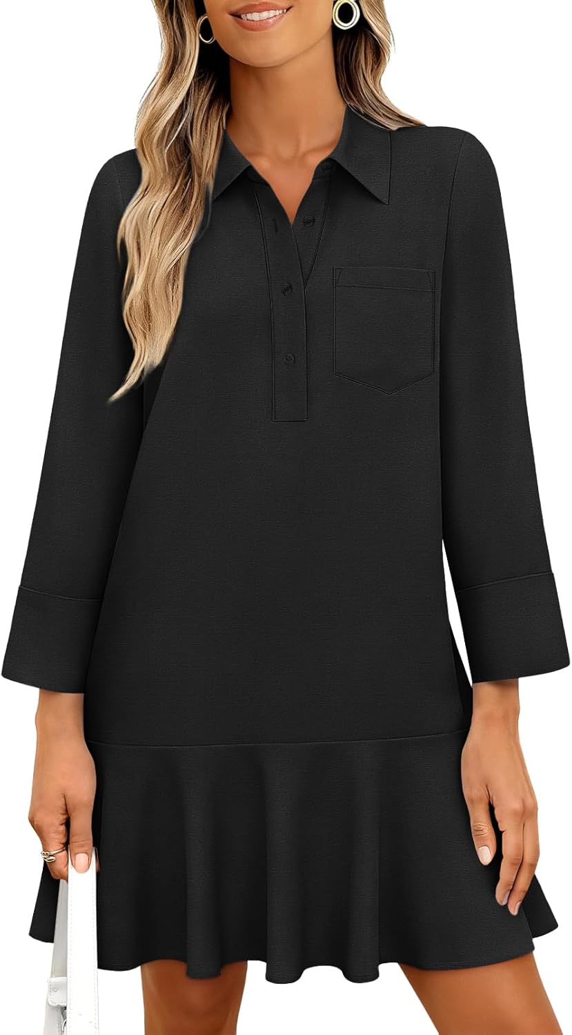 MEROKEETY Women's 2025 Fall 3/4 Sleeve Shirt Dress Casual Button Down Shift Pleated Midi Dresses with Pockets