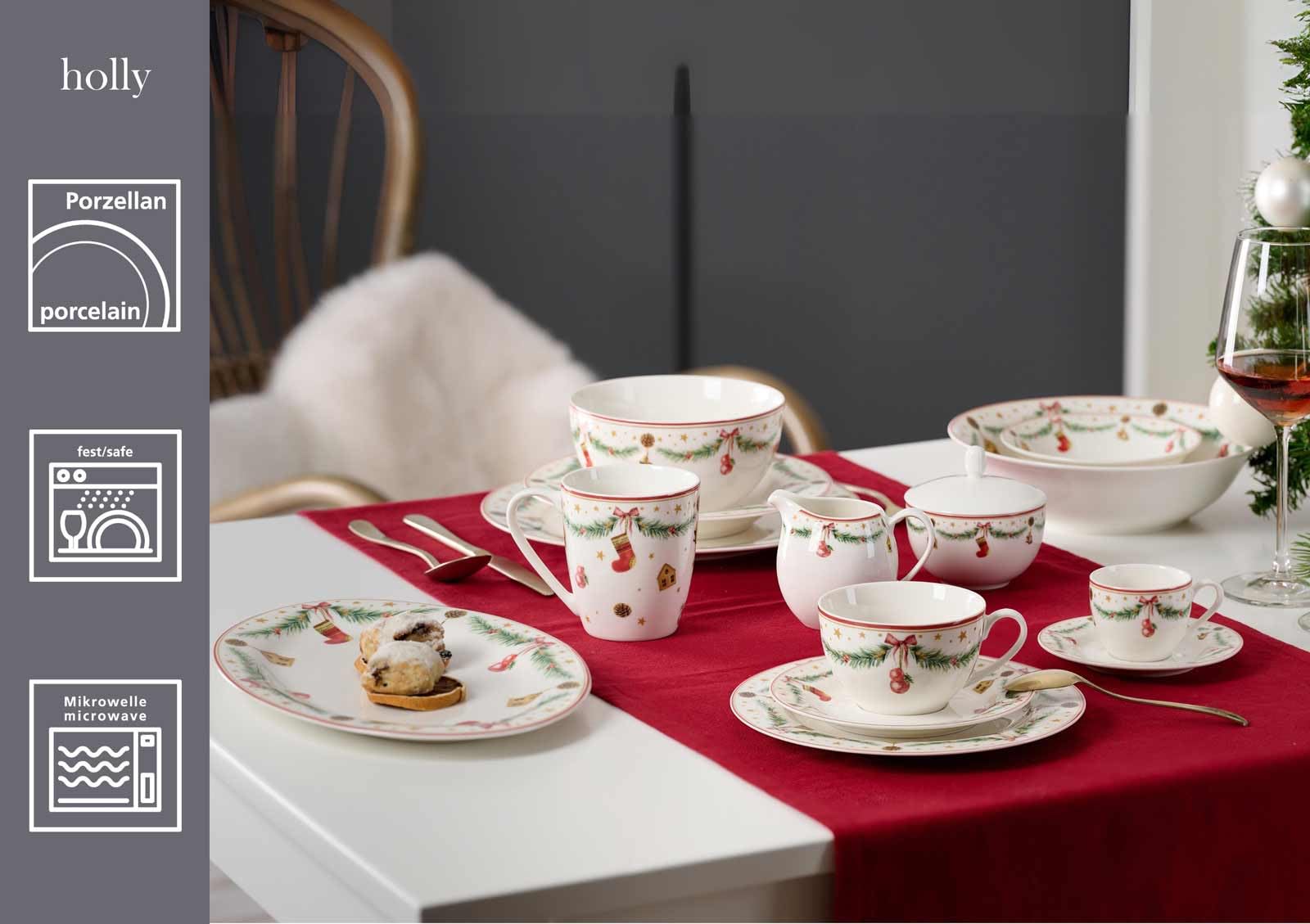 Ritzenhoff & Breker Holly Kaffeeservice 18-teilig für 6 Personen – Weihnachtsgeschirr aus Porzellan im Retro-Design – spülmaschinenfest & mikrowellengeeignet – Weiß/Rot/Grün