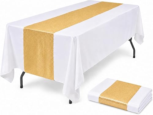Tomeurperf White Tablecloths with Gold Foil Table Runners, Spliced Polyester Rec