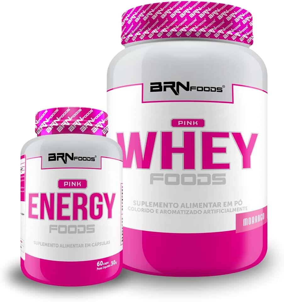 Kit Pink Whey c/colágeno 2kg + Pink Energy 60 Cáps - BRN FOODS (Médio, Morango)
