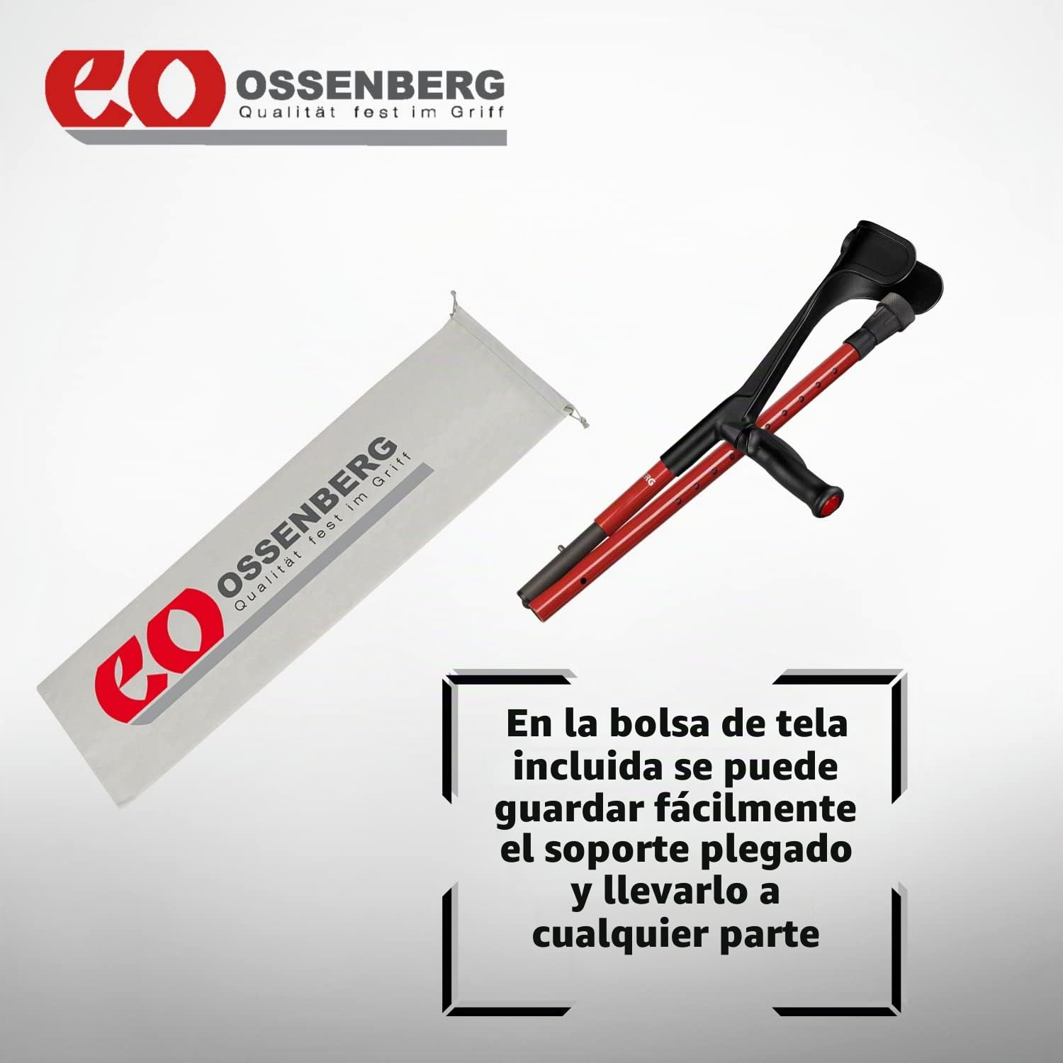 Ossenberg Muleta de viaje plegable anatómica de fibra de carbono roja con agarre suave – izquierda