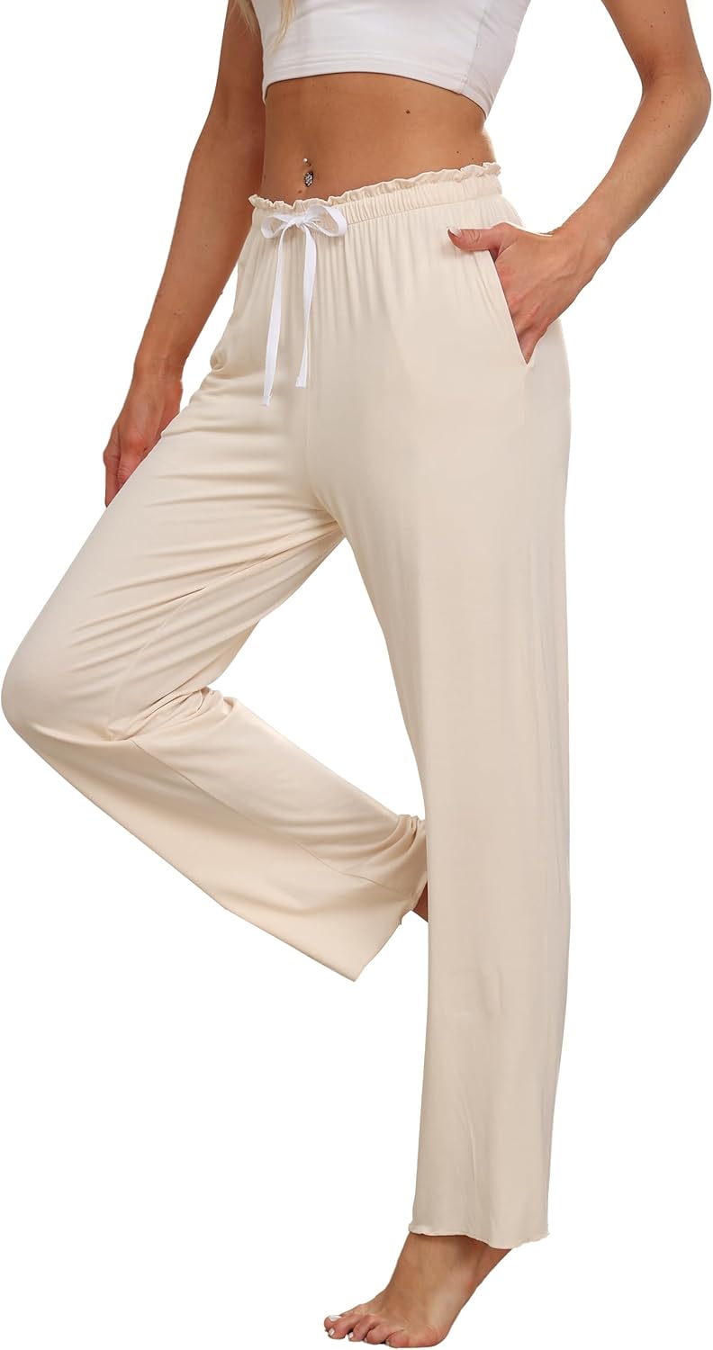 ANLIQI Women Pajama Pants Bamboo Rayon Comfy Lounge Pants Drawstring Pj Bottoms Loose Wide Leg Yoga Sweatpants with Pockets