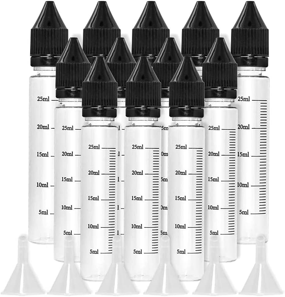 VEEAPE Soft PET Plastic Unicorn Bottles with Measurements, 30ml Portable Dropper Bottle with Childproof Cap & Long Thin Tip for juice or liquid (12 pcs + 6 Funnels)