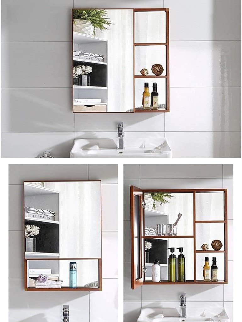 Space Aluminum Bathroom Mirror Cabinet Bathroom Mirror Cabinet Bedroom Dressing Storage Mirror (Color : White, Size : 60 * 68 * 13cm) (Brown 48 * 68 * 13cm)