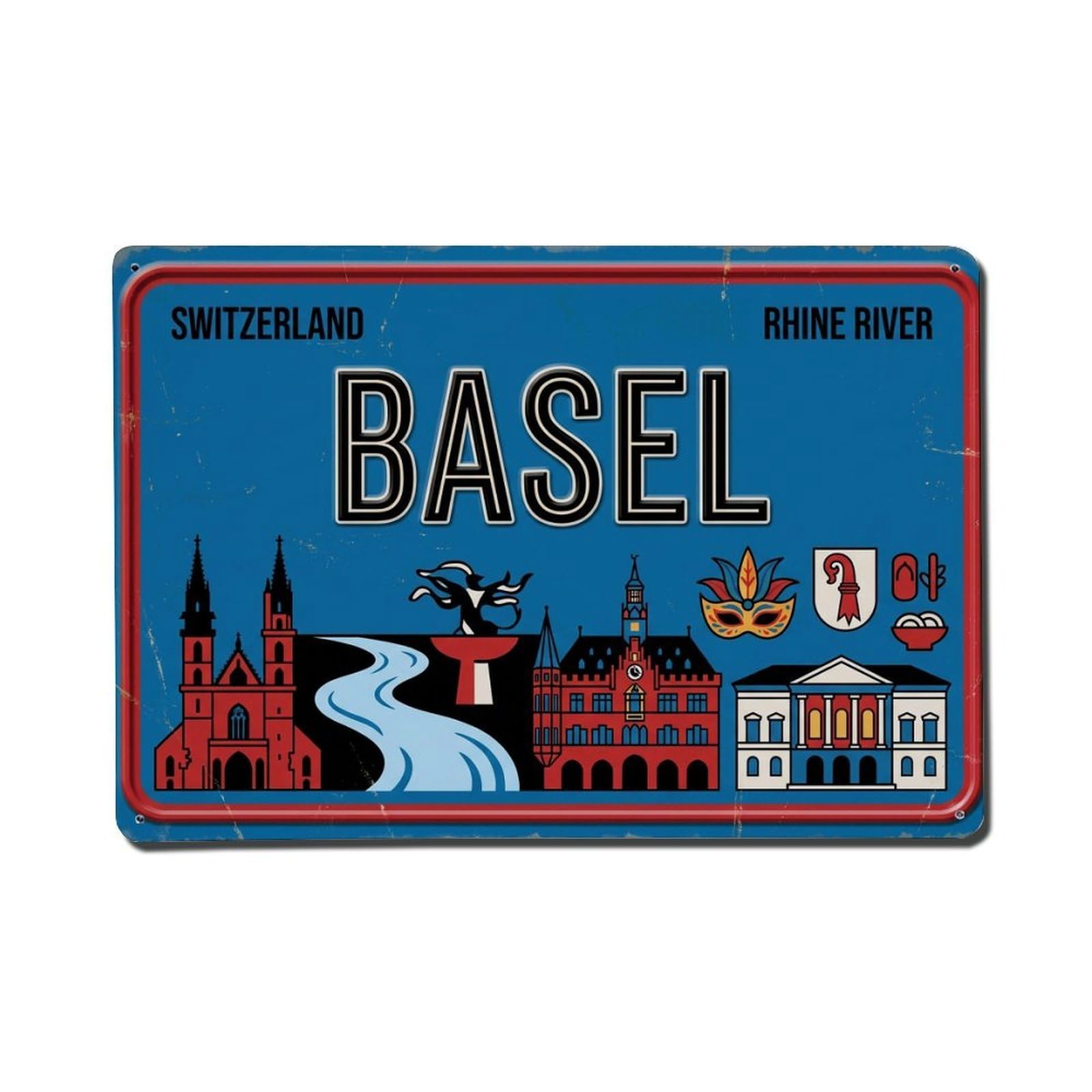 Xanthor Style Vintage Travel Basel Switzerland Rhine River Metal Tin Sign