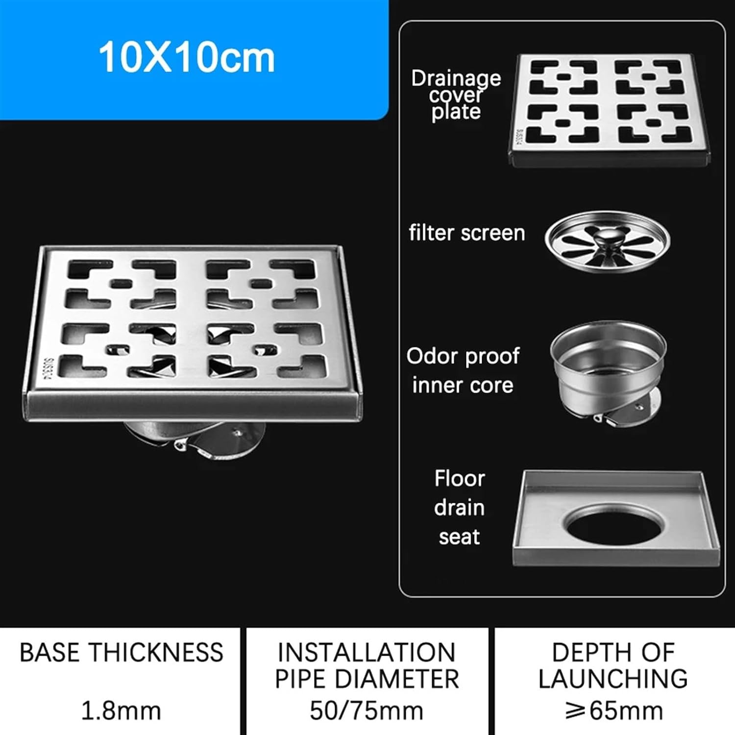 10/12/15/20/30cm Stainless Steel Bathroom Drains Square Shape Floor Drains Kitchen Balcony Floor Waste Drain 1Pcs(10 x 10cm)