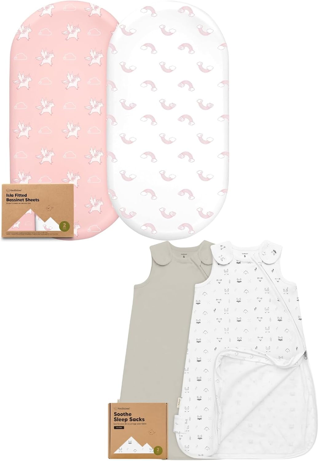 Keababies 2-Pack Bassinet Sheets for Girls, Boys and 2-Pack Sleep Sacks, 100% Cotton - Bassinet Mattress Sheets - Wearable Blanket Baby Sleeping Sack, Toddler Swaddle Sack