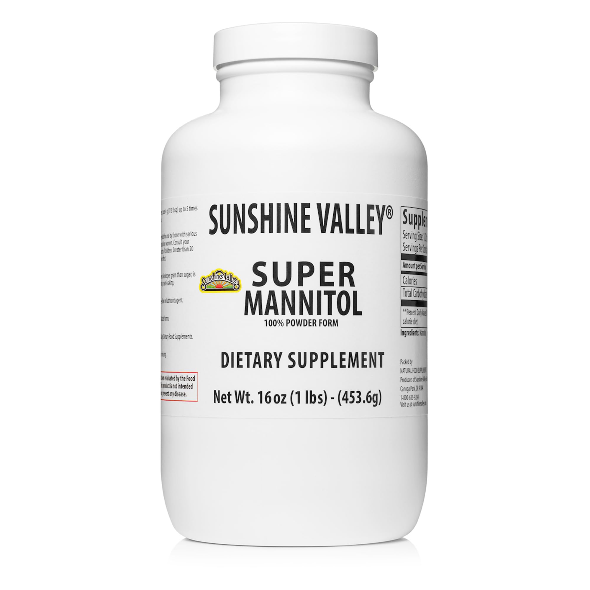 Sunshine Valley® Super Mannitol Powder, Natural & Healthy Artificial Sweetener, Ultra-Pure Sugar Substitute, Low Glycemic Dietary Supplement (16 Fl oz)