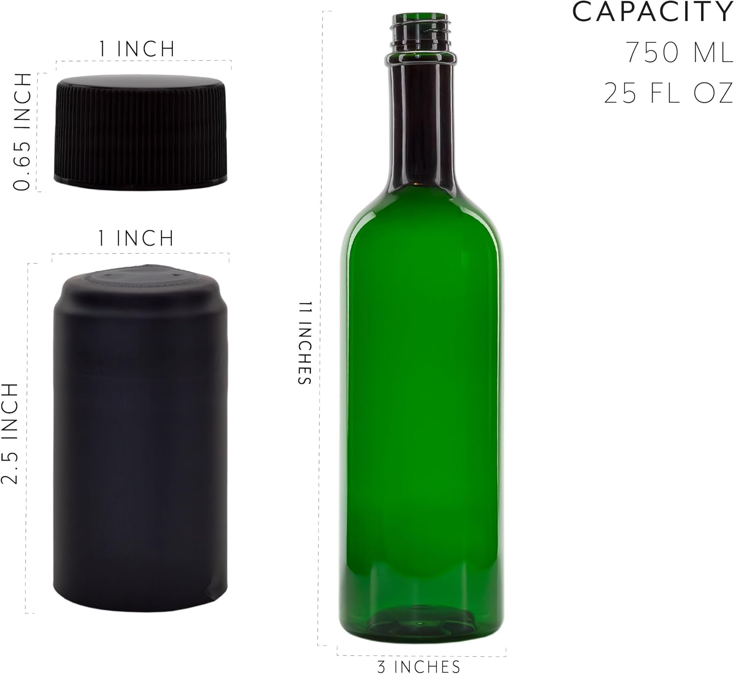 Cornucopia Brands Plastic Wine Bottles (10-Pack, Green); Empty PLASTIC Bordeaux-Style Wine Bottles w/Screw Caps and Seals
