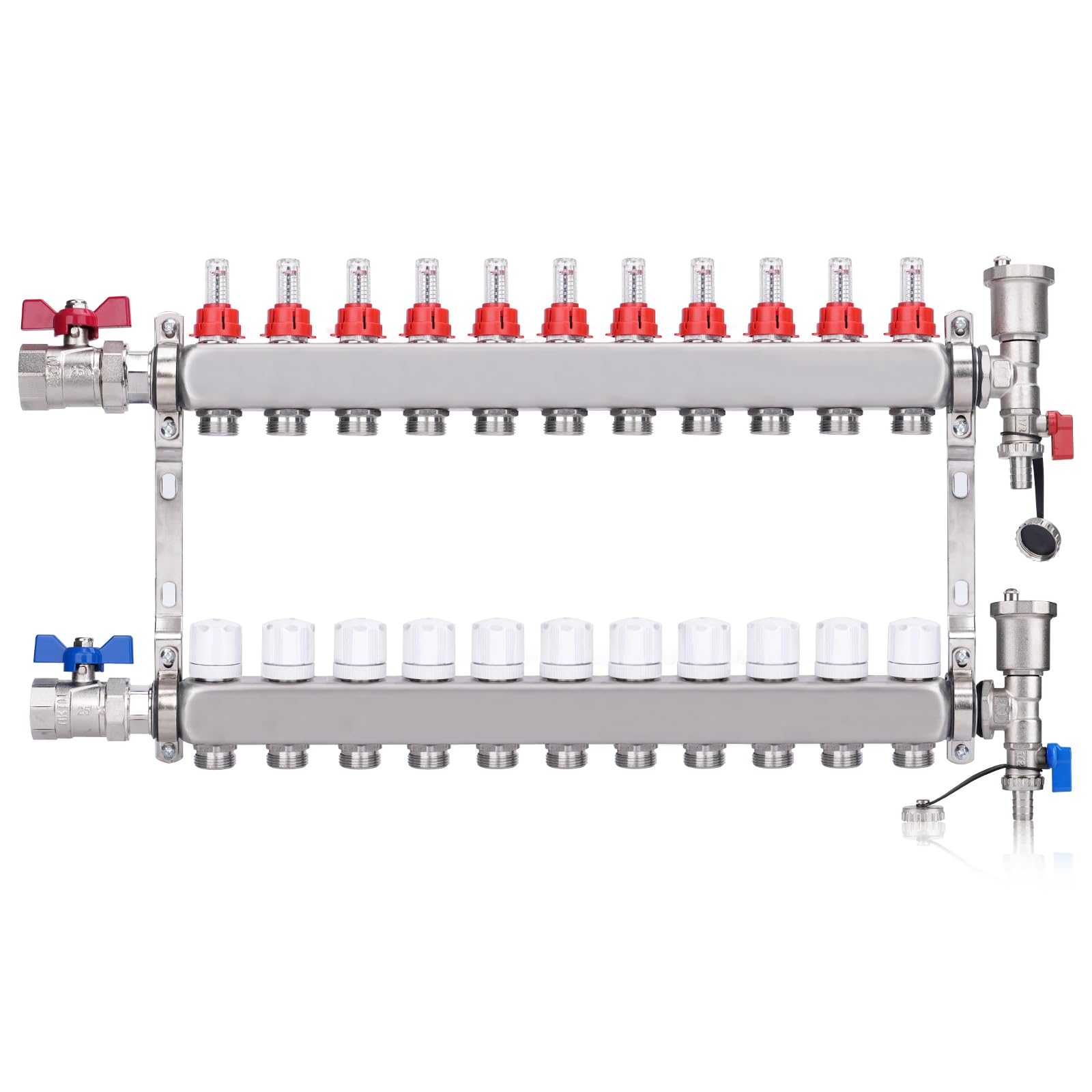 11 circuitos de calefacción, distribuidor de circuito de calefacción incl. válvulas de bola de 1 pulgada, calefacción por suelo radiante con ventilación manual, caudalímetro, conectores para Euroconus