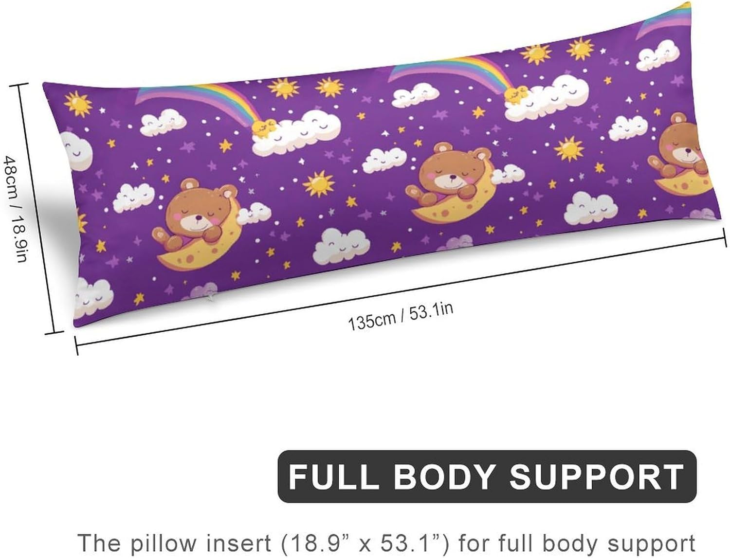Cartoon Bear Rainbow Sun Moon Body Pillow Cover Long Cushion 18.9x53.1 Inch | pillowcase,bed decor,farmhouse,sofa