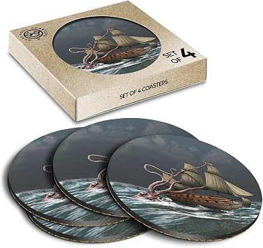 4 x Eco Boxed Cork Coasters - Sea Monster Kraken Ship Attack Drink Cup Mug Glass Table Mat #16544