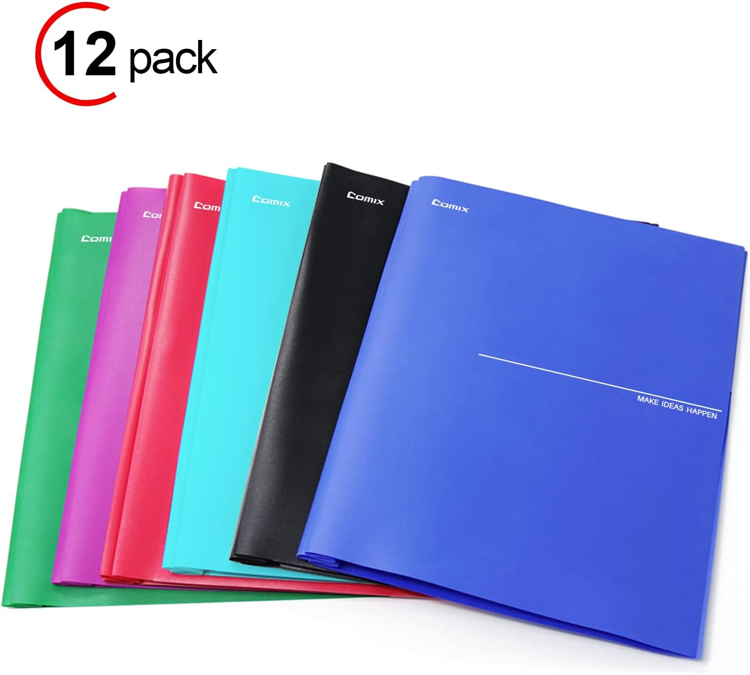 Comix Heavy Duty Plastic Folder, 2 Pocket Letter Size Poly File Plastics Folders with 3-Prong Fasteners - 12 Packs(6 Assorted Fashion Colors)