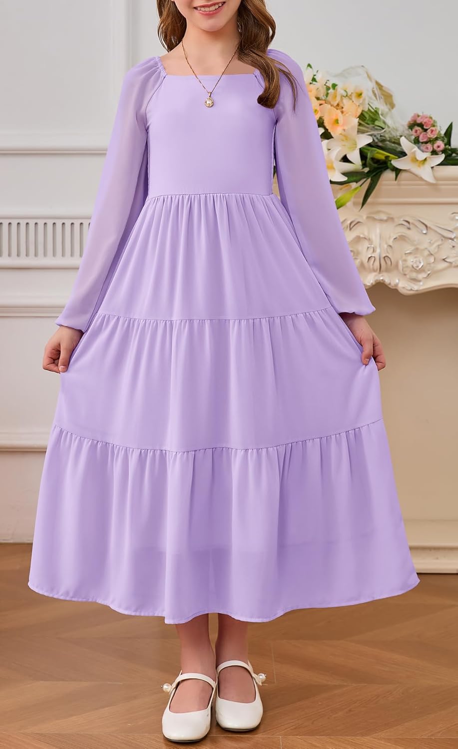 YOVION Girls Fall Long Sleeve Maxi Dress Chiffon A-Line Smocked Tiered Flowy Formal Wedding Guest Dresses for 6-12 Y - Image 2