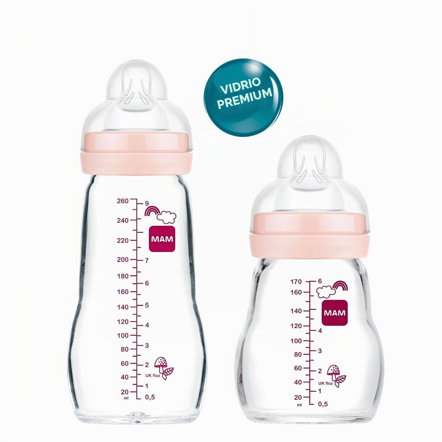 MAM Feel Good Biberón de Cristal Pack de 2 (170 ml y 260 ml), con Tetina 1 Flujo Lento para Recién Nacidos, Rosa