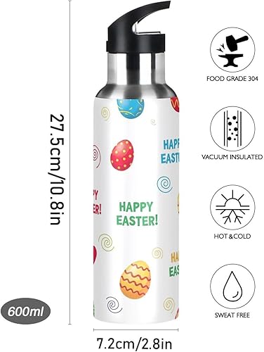 Miniatura 9 de Insulated Stainless Steel Water Bottle with Straw 20 Oz, Leakproof Water Bottles for Gym Outdoor Travel School, Colorful Easter Eggs White
