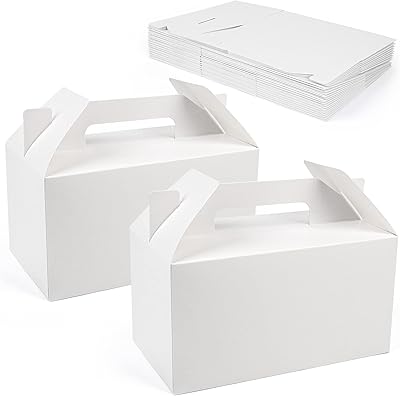 LotFancy Gable Boxes for Party Favor, 9.5 x 5 x 5 Inch, 25 Pack, Large Treat Boxes with Handles, White Goodie Boxes for Bi...