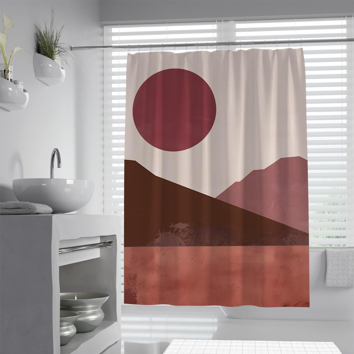 UIRINGART Nordic Shower Curtain W150xL180cm Burgundy Sun Terracotta Mountain Art Mould Proof Easy to care Polyester Fabric Lightweight Bathroom Bathtub Curtains