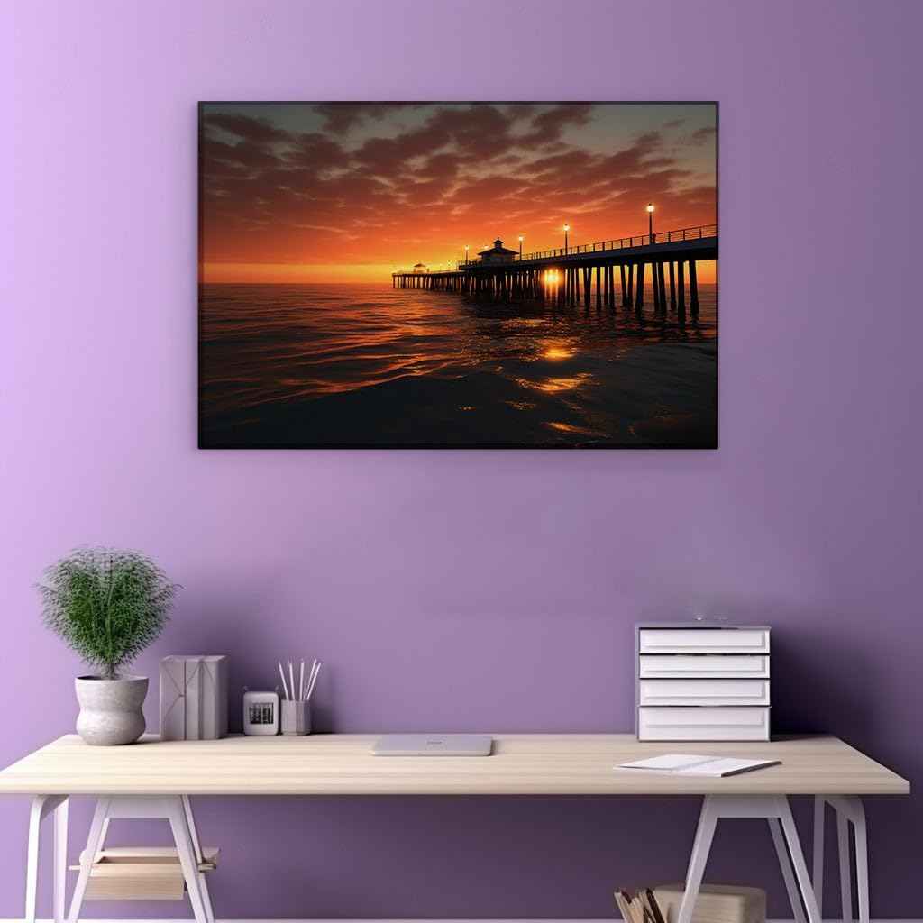 Canvas for Living room. Sunset Serenade on the Ocean Pier: A Vision of Tranquil Beauty, 27 x 18 inch Canvas Wall Art - Contemporary Masterpieces - Modern Home Decor