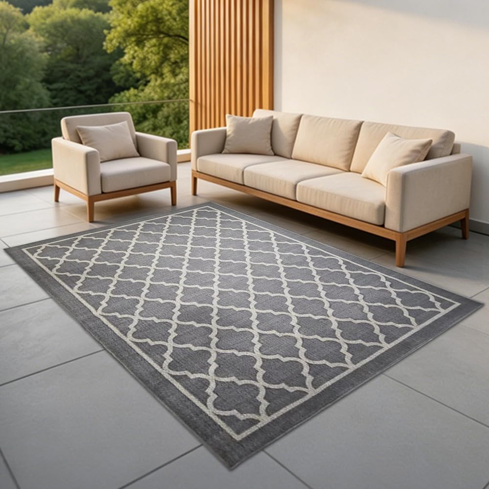 Outdoor Teppich Wetterfest 160x230 cm, Frühling Camping Teppich, Wasserdicht Balkon Terrasse Matte Rug Carpet für Garten Patio RV Picknick, Rug UV-Beständig Waschbar Tragbar, Graue Gitter