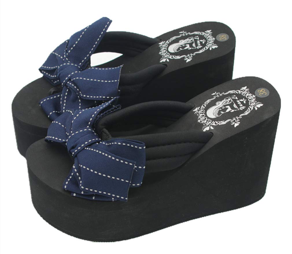 MamiloveWomens Chunky High Platform Wedge Flip-flops Sandals 7 Blue