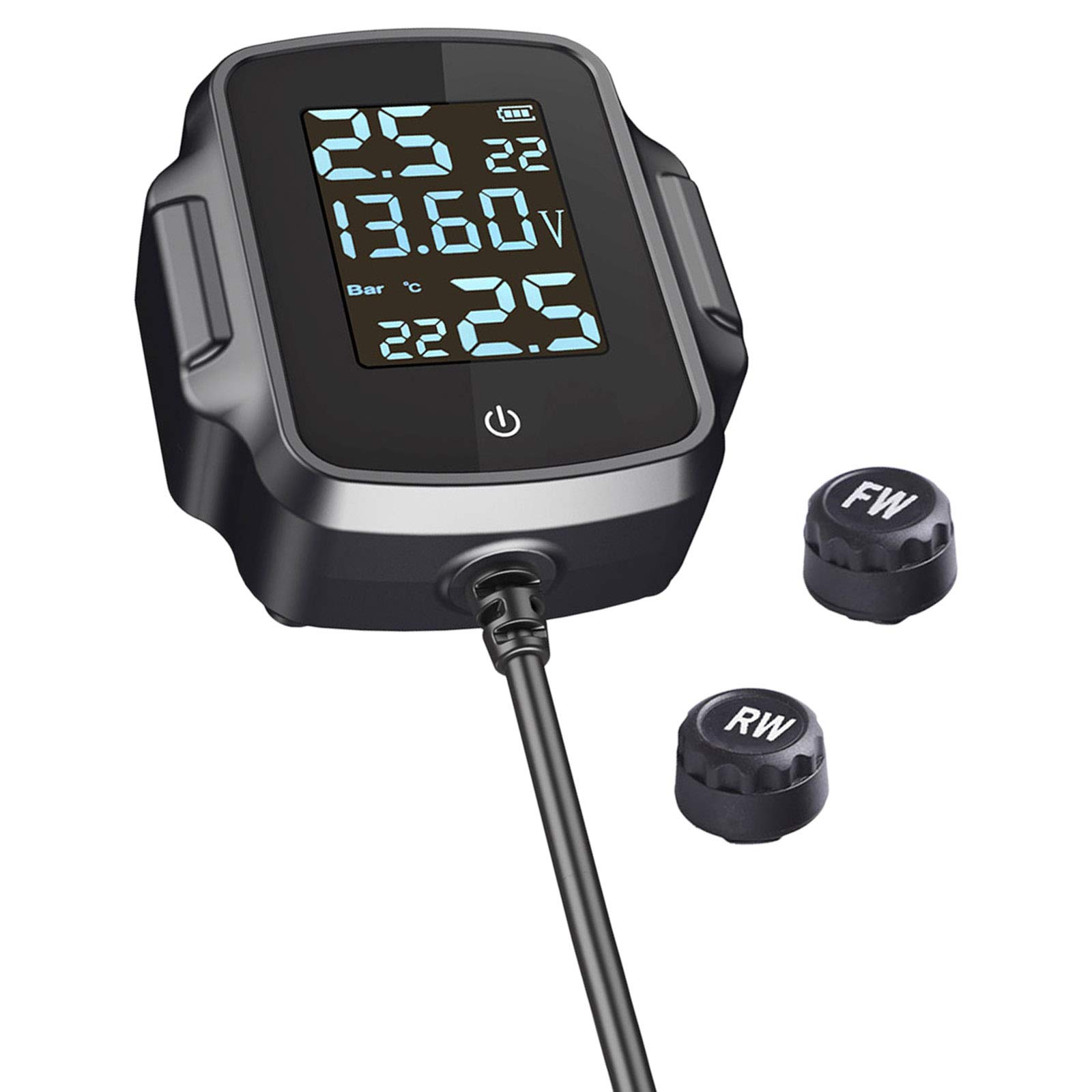 Gazechimp TPMS display showing tire pressure, temperature, and battery voltage