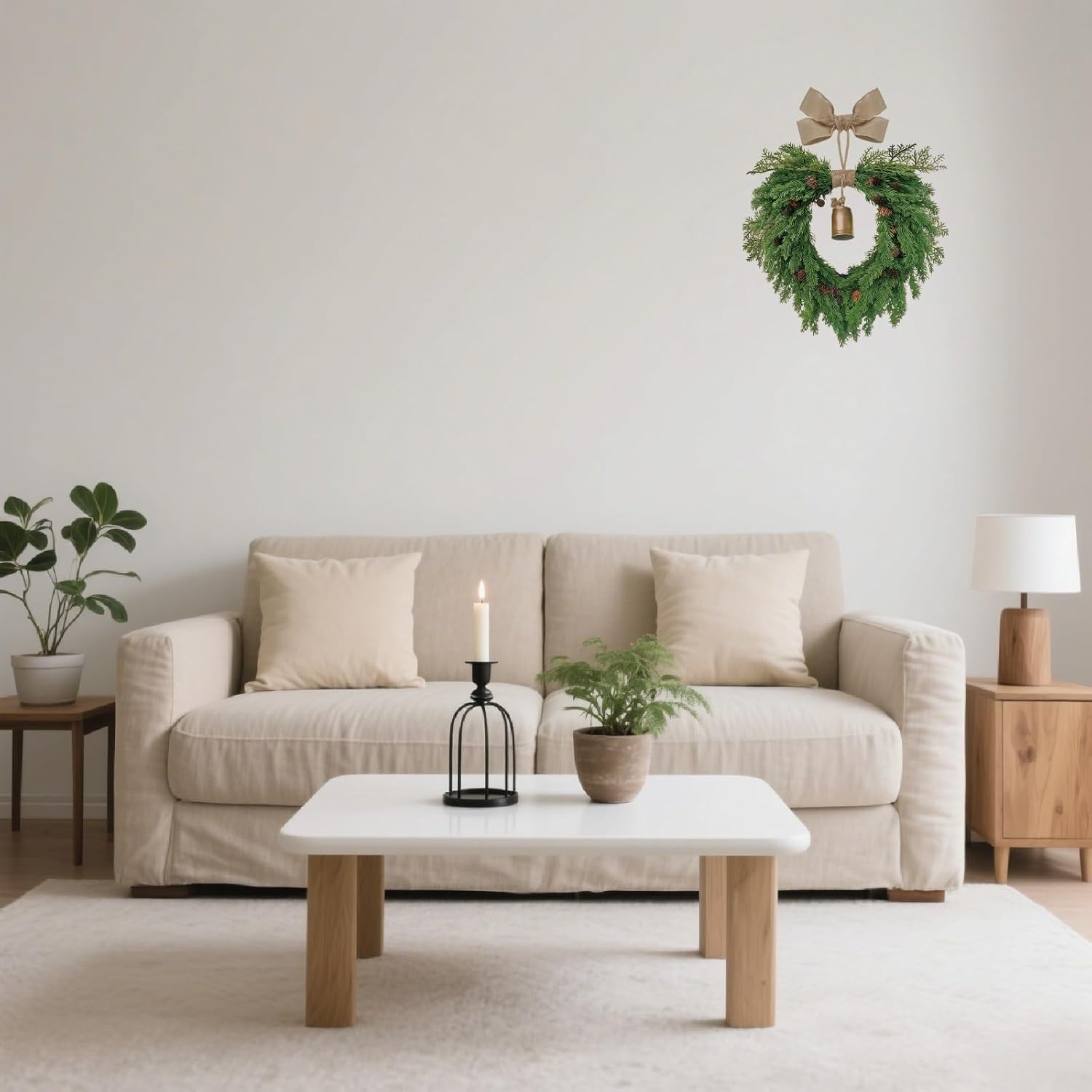 Christmas Wreath for Front Door, Heart-Shaped Holiday Wreath with Bell & Real Pine Cones, Artificial Green Leaves for Indoor & Outdoor Wall Decor, Garden Party Decoration (20 inches)