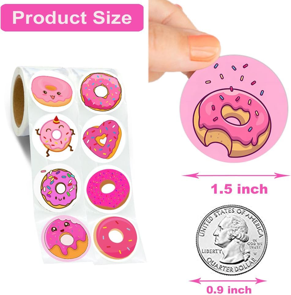 600 Pcs Pink Doughnut Stickers for Kids Girls 1.5 Inch 16 Styles Pink Doughnut Snack Dessert Stickers Roll for Kids Birthday Party School Reward Giveaways