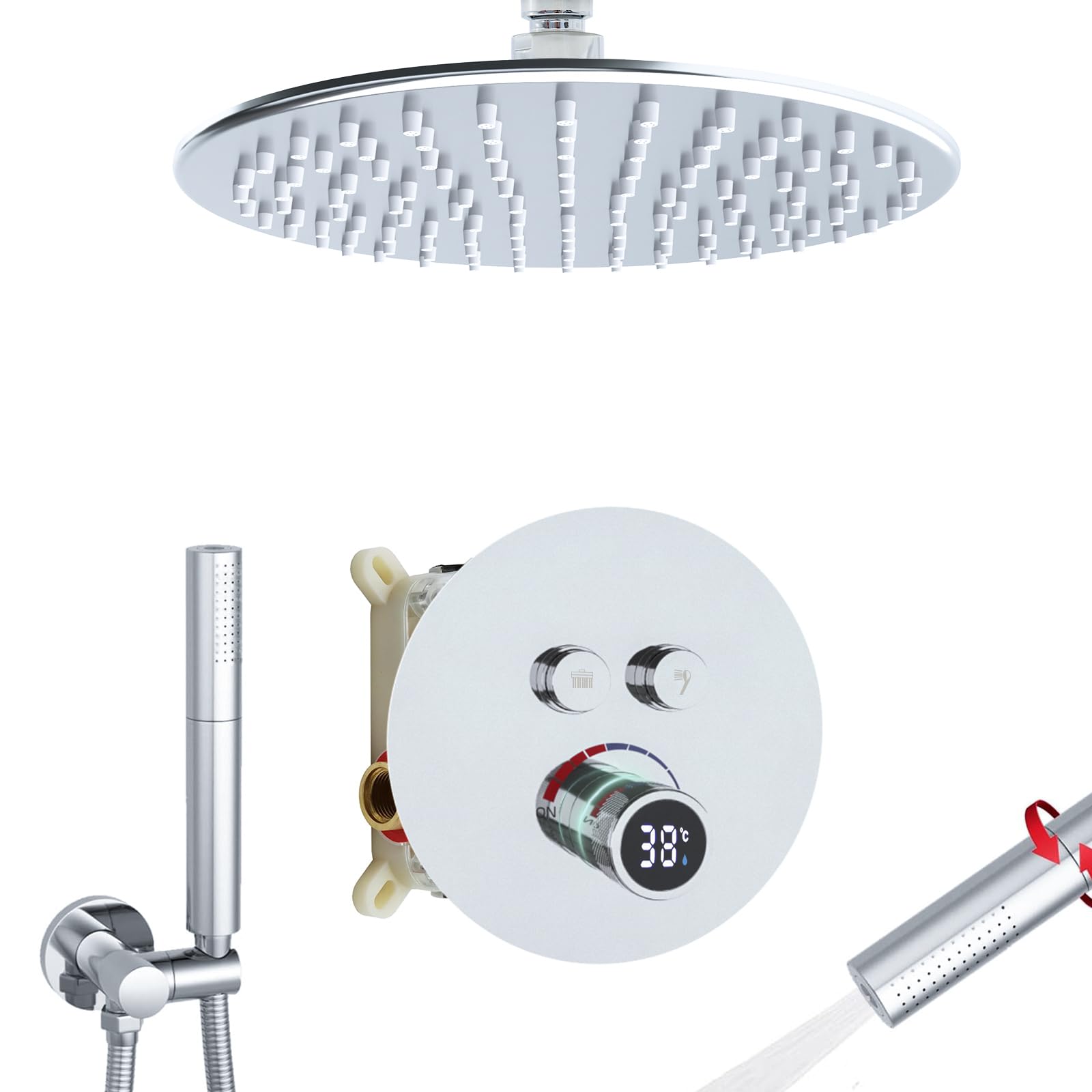 Mitigeur de douche à affichage numérique chromé avec plafond rond 25,4 cm et 2 fonctions simultanées