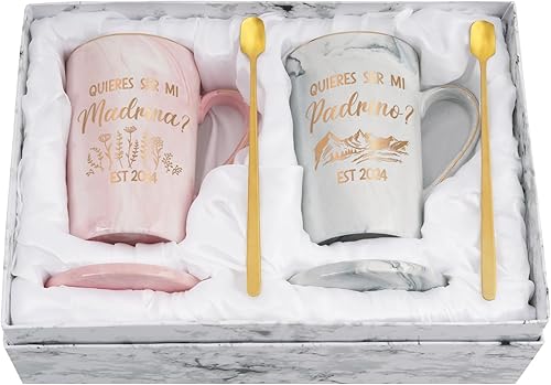 Maustic Juego de tazas Quieres Ser Mi Padrino Madrina Est 2024, regalo de propuesta de padrinos en español, regalos de padrinos de bautizo