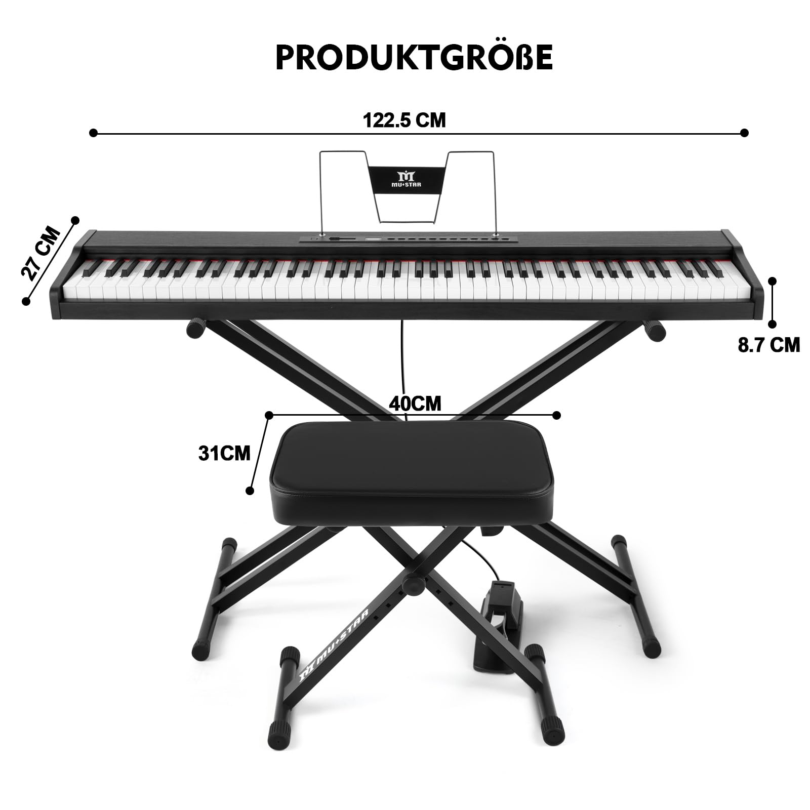 MUSTAR E Piano numérique 88 touches, clavier semi-lesté et Bluetooth, kit portable avec pédale de sustain, support de clavier et sac de transport (noir et banc de piano)