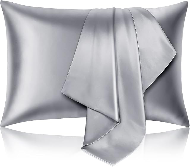 100% Pure Mulberry Silk Pillowcase for Hair & Skin, 600 Thread Count, Hypoallergenic, Allergen Proof Dual Sides 19 Momme Silk Bed Pillow Cases with Hidden Zipper 1pcs (Standard 50x75cm, Grey)