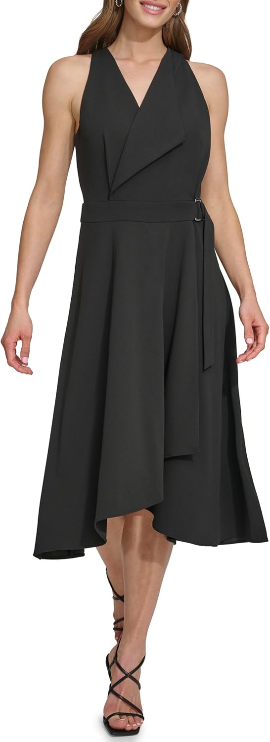 DKNY Womens Sleeveless V-Neck Buckle Belt Faux Wrap Midi Dress