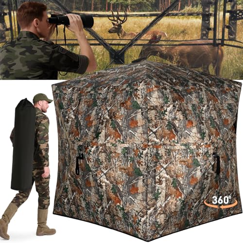 Hunting Blind with Carrying Bag, 360 Degree See Through Ground Blind for 2-3 Person, Pop Up Camouflage Hunting Tent Portable Concealed for Deer and Turkey