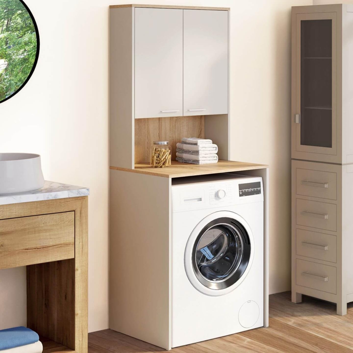 IDMarket - Meuble Dessus de Machine à Laver Wallis avec Placard Beige et Bois façon hêtre