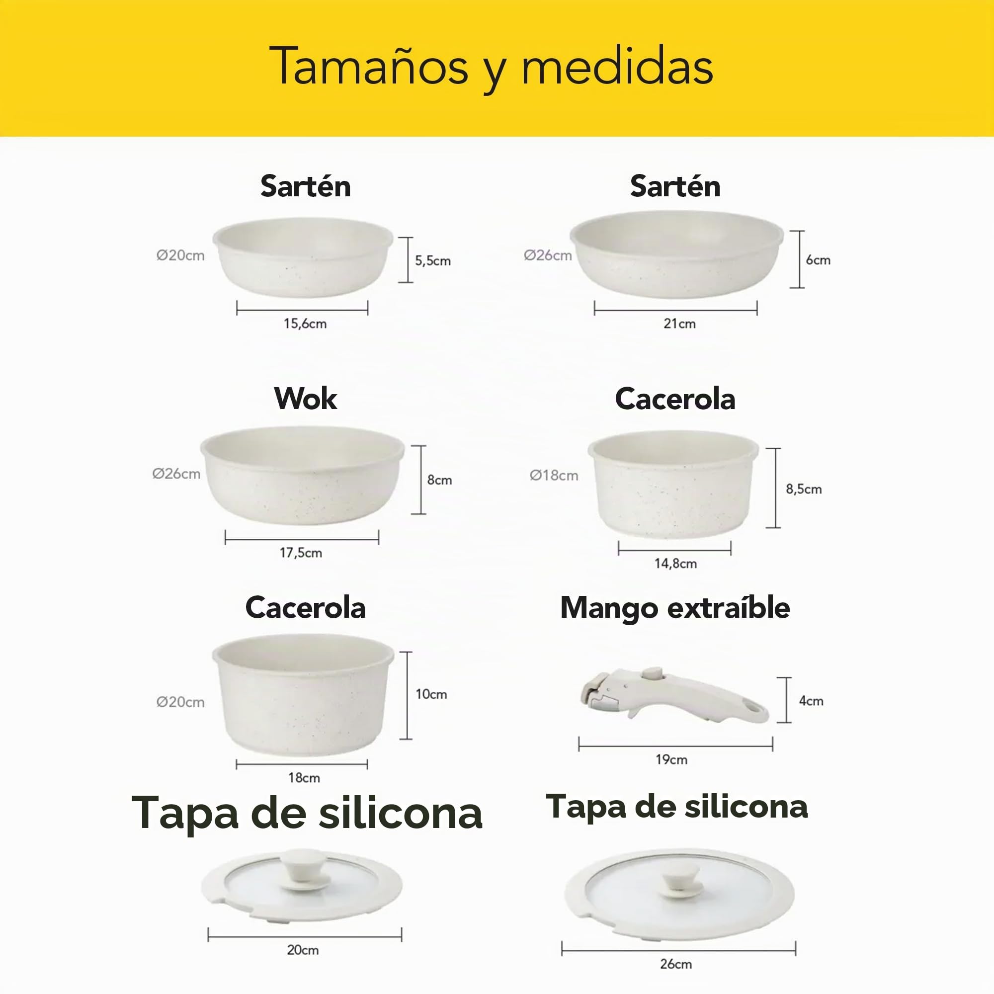 CASTEY - Batería de Cocina 8 Piezas, Modelo BAT-C8WH, Acero Inoxidable 18/10, Base de Aluminio, Recubrimiento Antiadherente Sin PFOA, Sartenes, Ollas y Cacerolas con Tapa y Mango Extraíble, Blanco