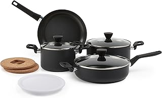 Amazon Basics 10 Piece Hard Anodized Non-Stick Stackable Cookware Set with Pots and Pans Space Saving PFOA Free Black