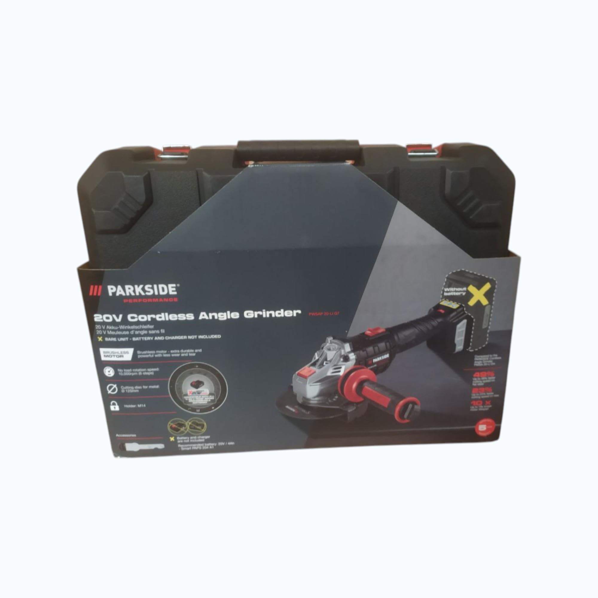 Parkside - Smerigliatrice angolare senza fili, Parkside Performance X20V PWSAP 20, senza spazzole/brushless, senza batteria, senza caricabatterie, con valigetta per il trasporto