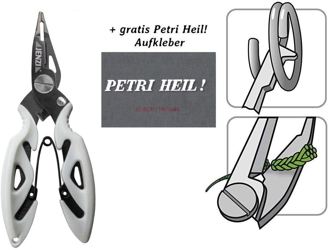 Produktbild von Jenzi Angelschere Mit Splitringfunktion – Für Geflochtene Und Monofile Schnüre, Inkl. Micro-Splitring-Zange Und Gratis Petri Heil! Aufkleber