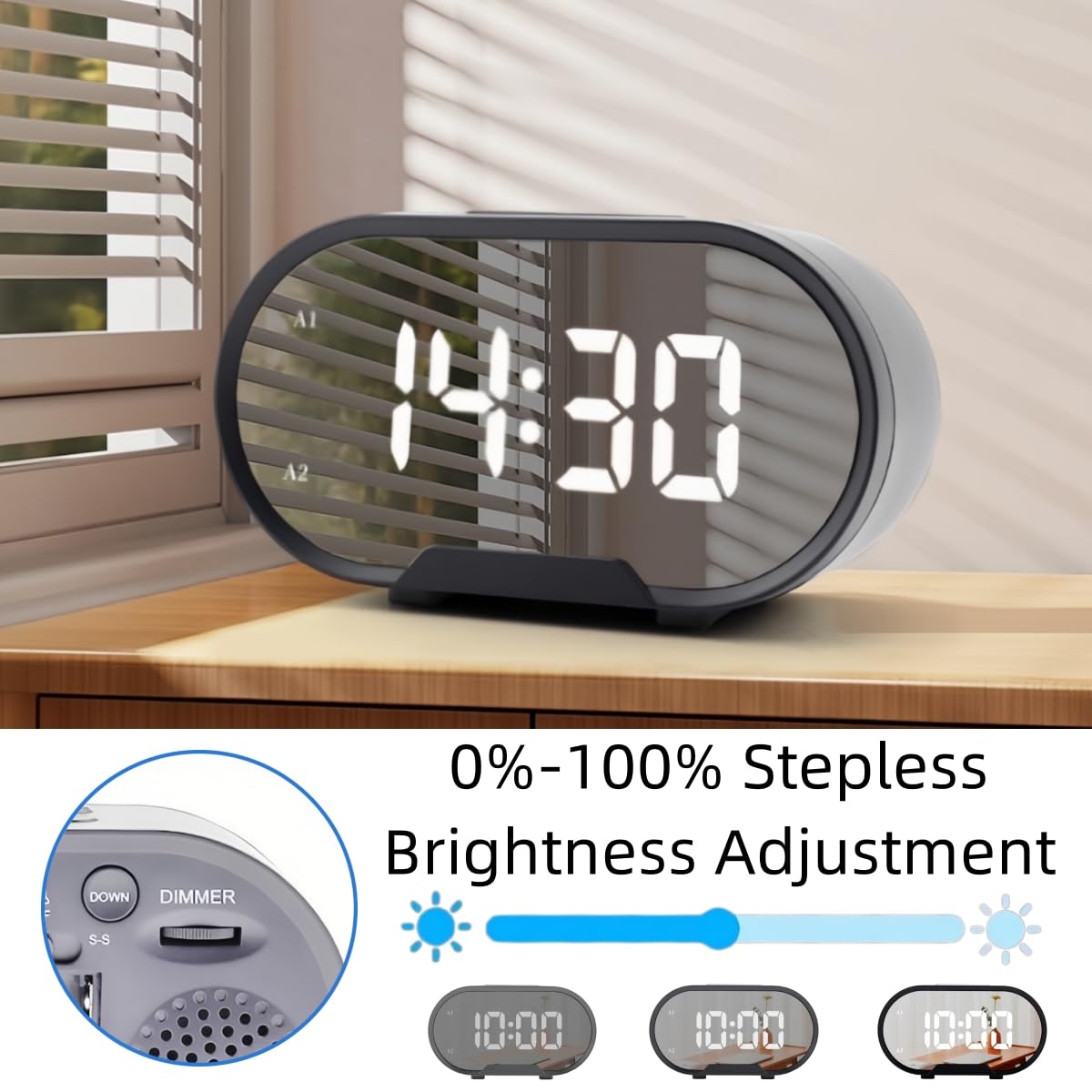 Cyfrowy budzik, Zegary LED z lustrzanym odbiciem, 2 portami ładowania USB, Łatwa funkcja drzemki, Regulowana głośność. (Czarny)(Black)
