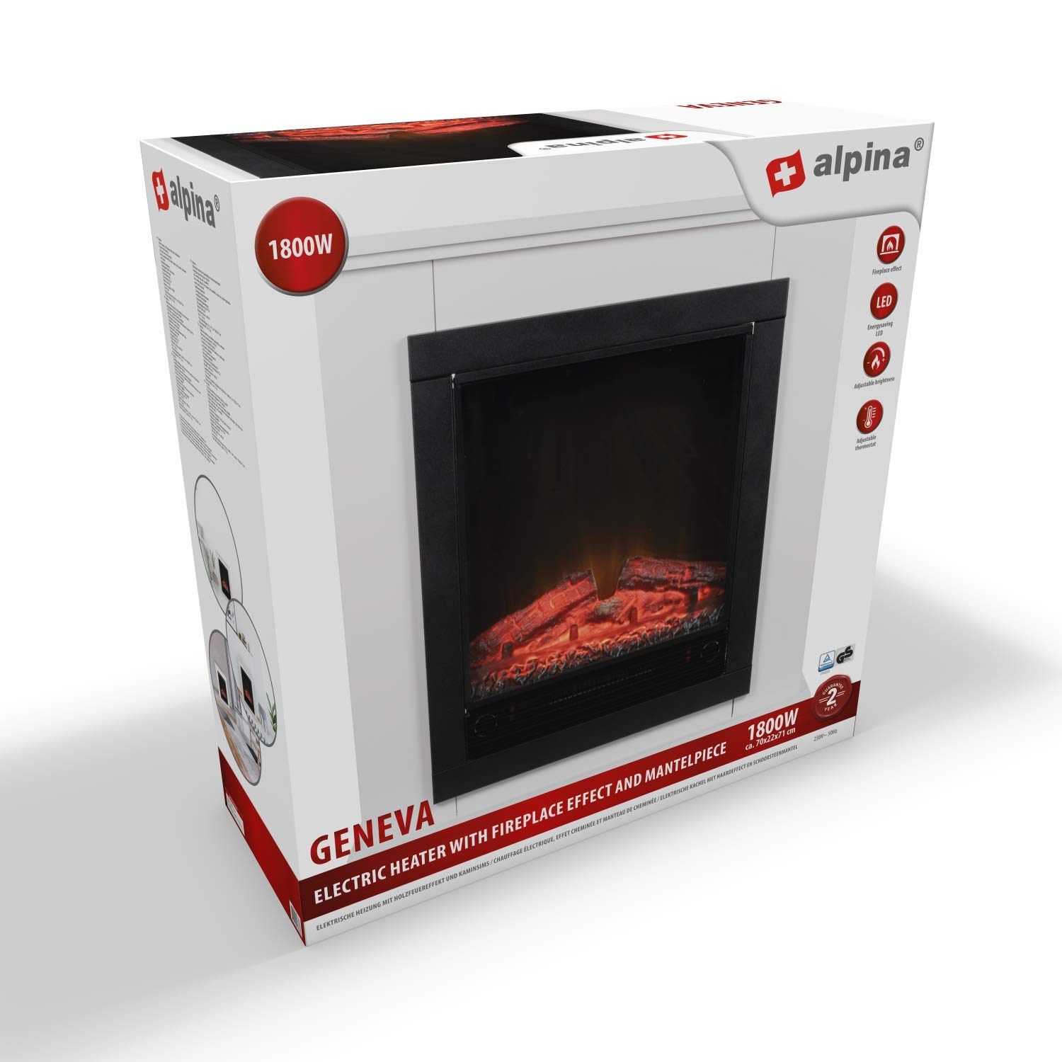 Alpina Geneva Chimenea Eléctrica - Chimenea Decorativa con Calefacción, Panel de Control y Temporizador - Estufa Eléctrica Independiente con Llama LED - 1800W - Blanco